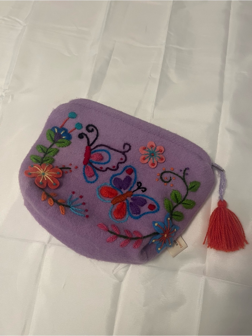 Lavender Embroidered Butterfly Tassel Pouch
